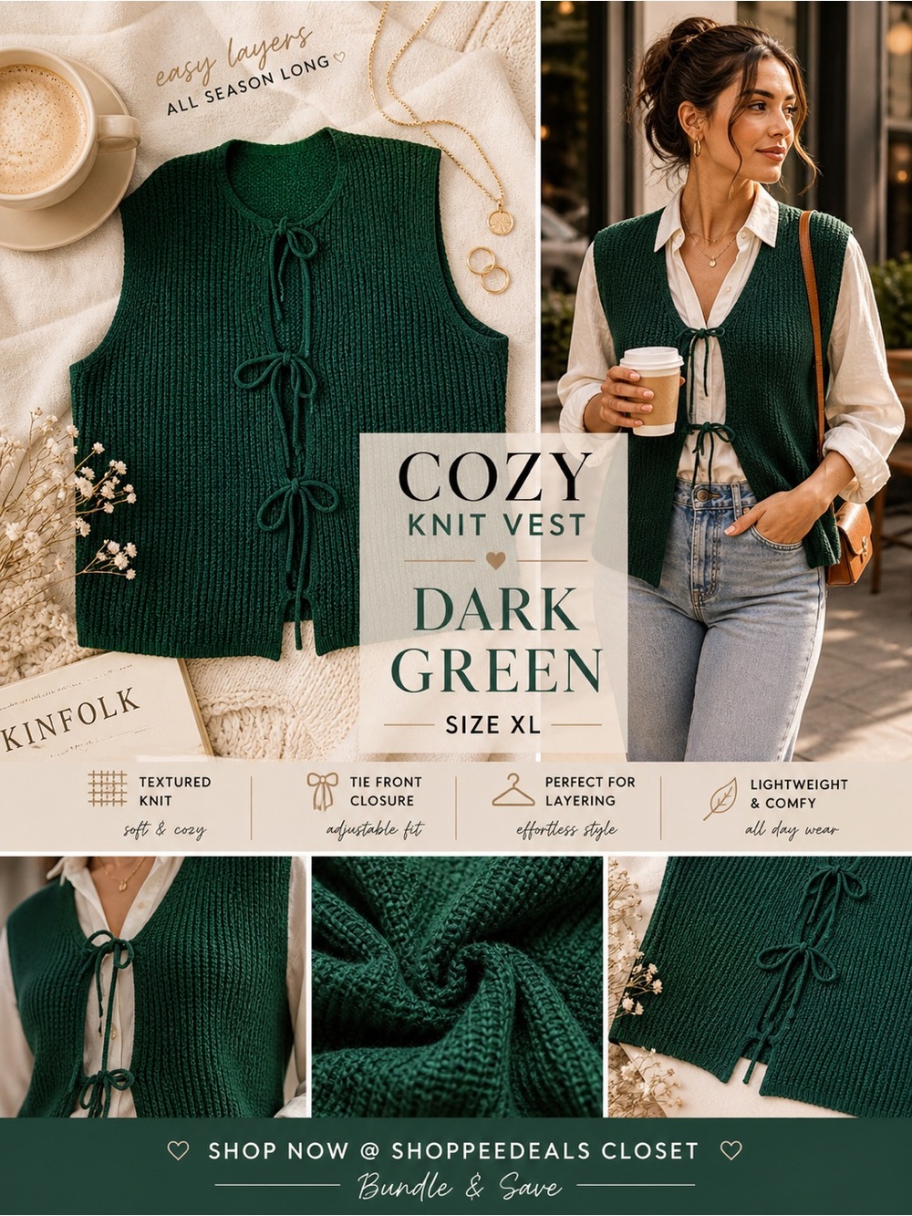 Dark Green Tie Front Sweater Vest XL Open Front Knit Top